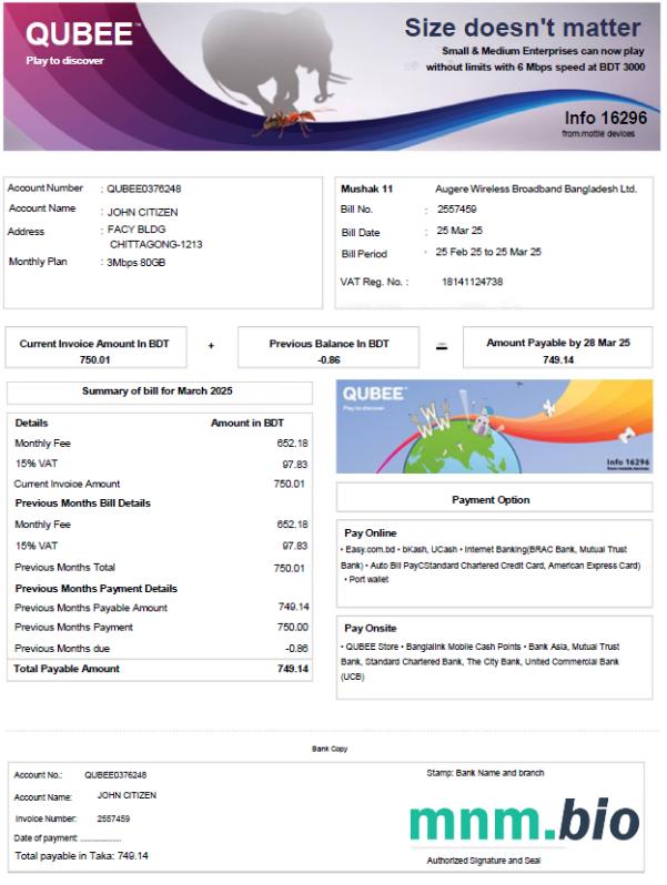 Szablon rachunku za media w Bangladeszu Qubee w formatach Word i PDF